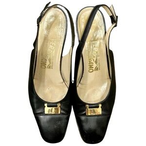 Salvatore Ferragamo Black Leather Slingback Heels with Gold Hardware – Size 8B